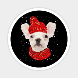 White French Bulldog Wearing Red Hat And Scarf Christmas Magnet
